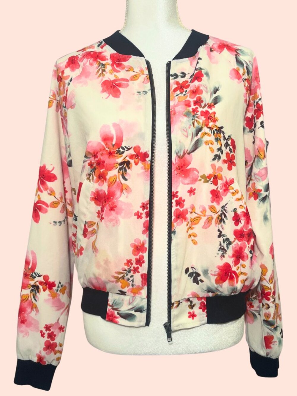 Sanctuary Floral Print Bomber Jacket Pink Cream Zip Front Size M